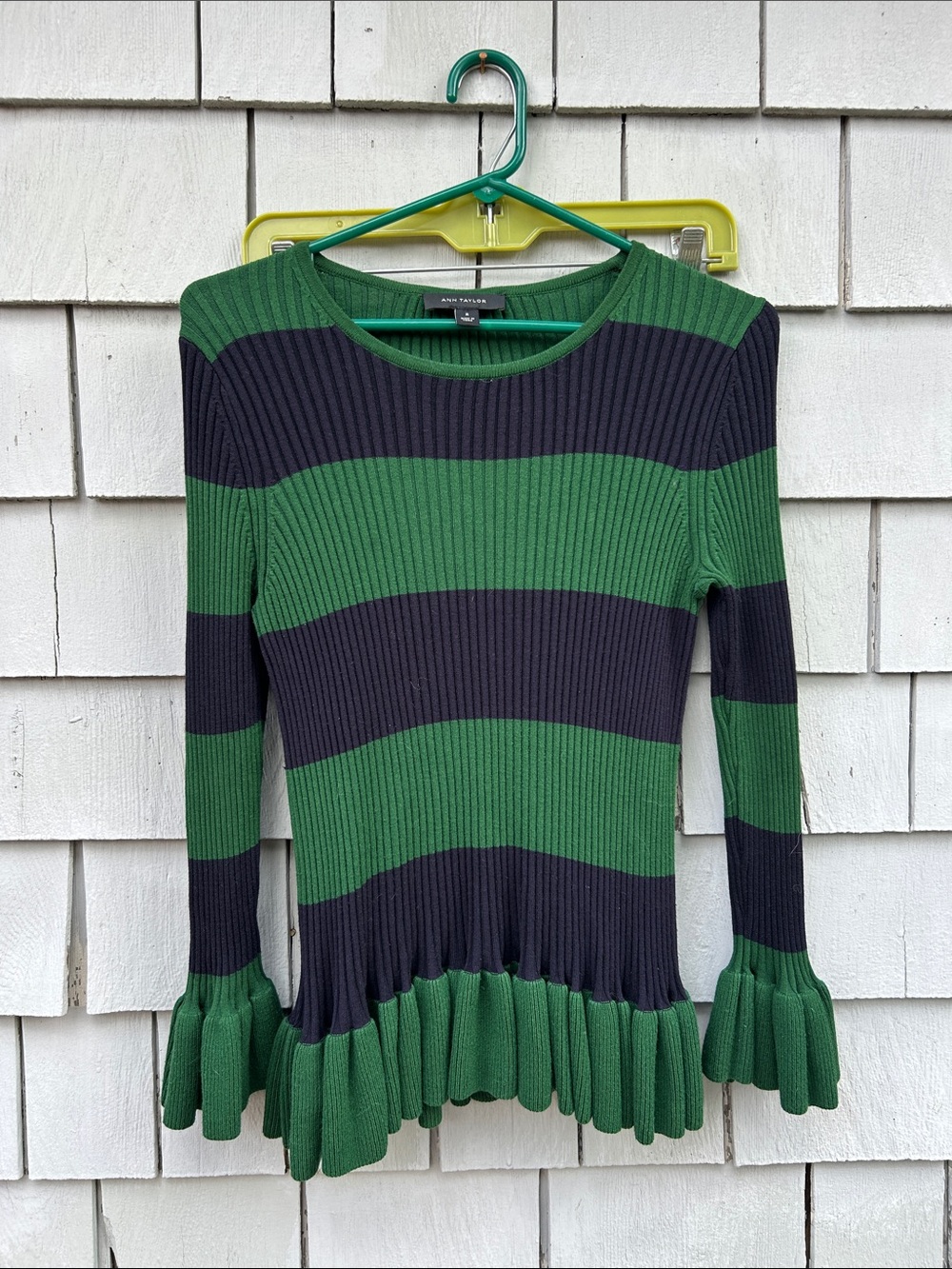 Ann Taylor Green and Navy Striped Ruffle-Hem Ribbed Long-Sleeve Top- MEd